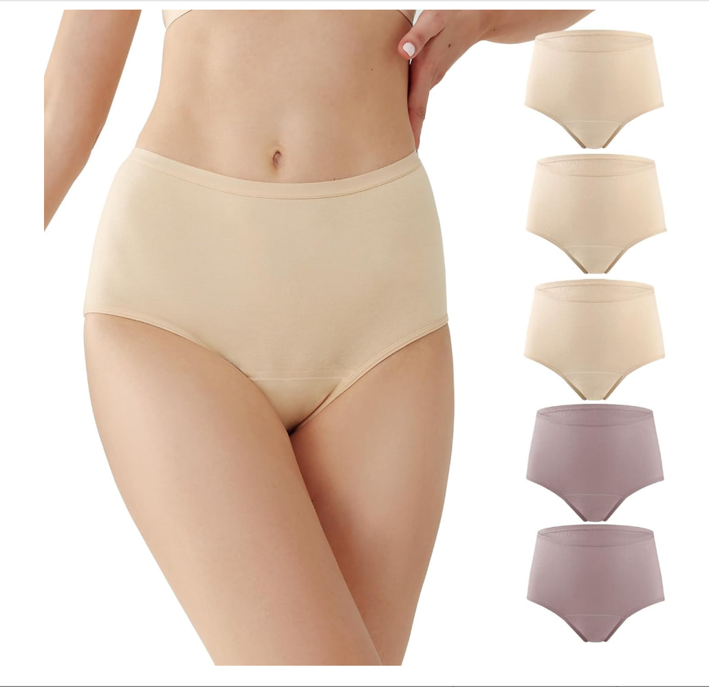 BATTEWA Incontinence Underwear for Women Washable, Leak Proof Underwear High Waist Cotton,Bladder Leakage 50ML (Beige-Blush, Large, 5 Pack)